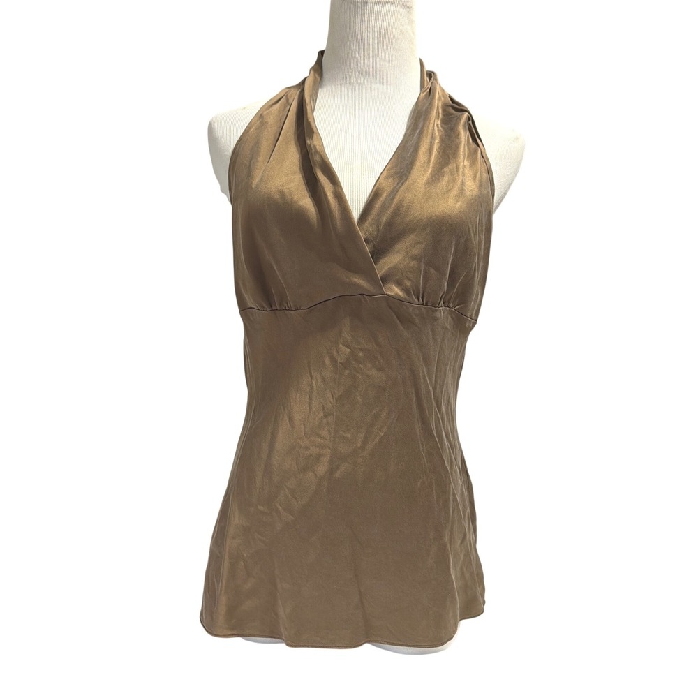 Express Bronze Silk Blend Halter Top Metallic Brown Surplice V-Neck Size M